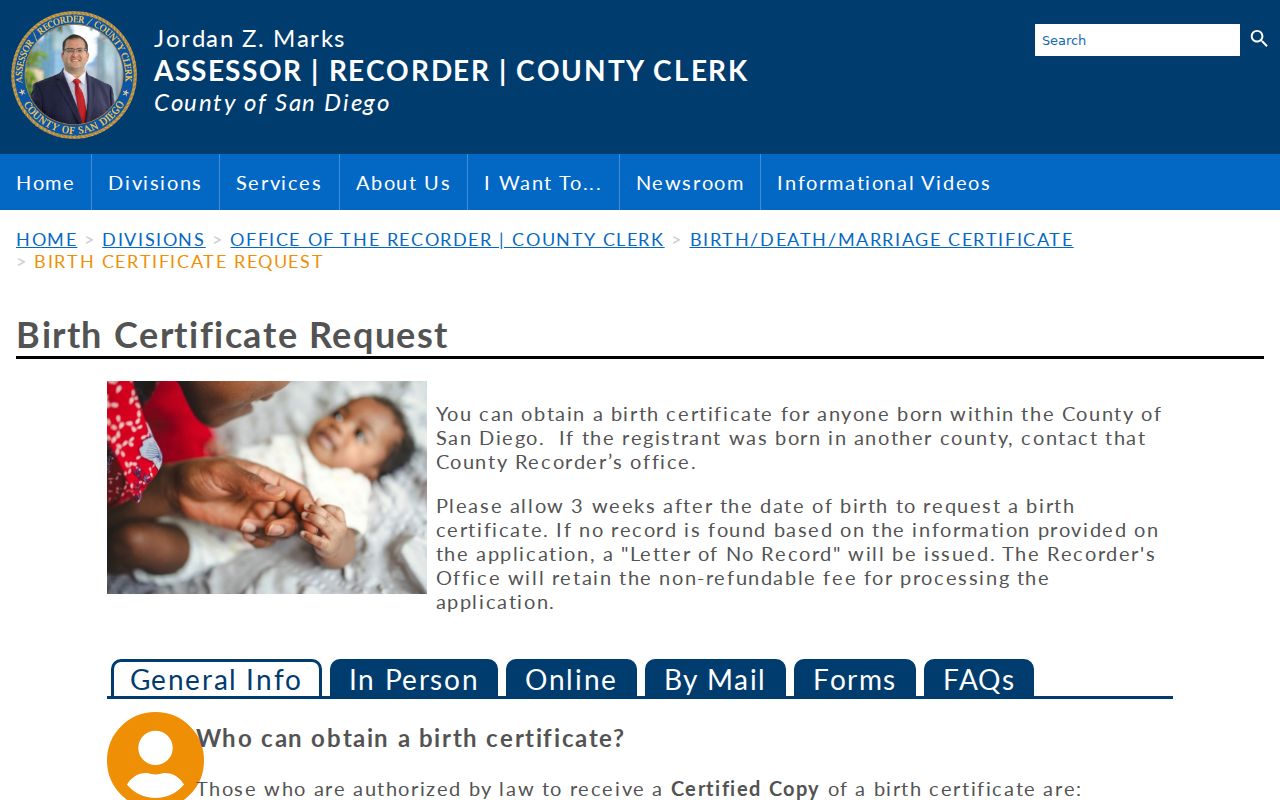 San Diego County people search birth certificate request
