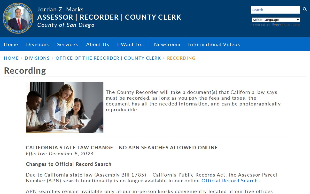 San Diego County people search recorder access rules