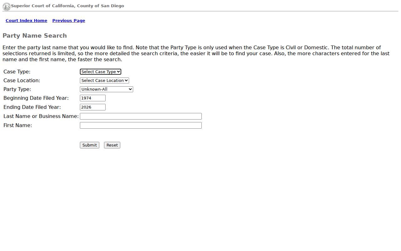 San Diego County people search court party name fields