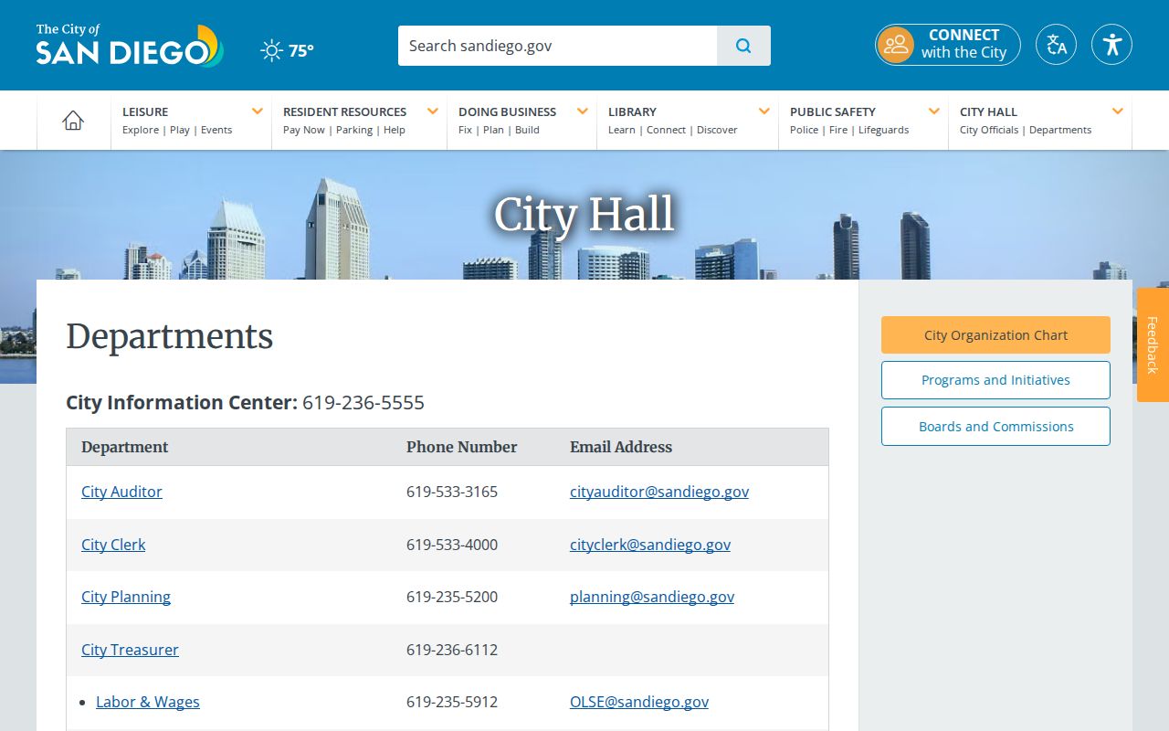 San Diego County people directories city department contacts