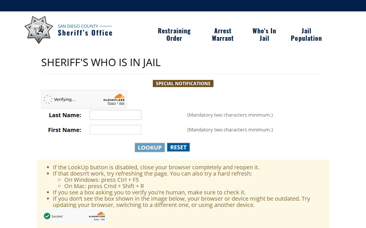 San Diego County public records Who's In Jail lookup