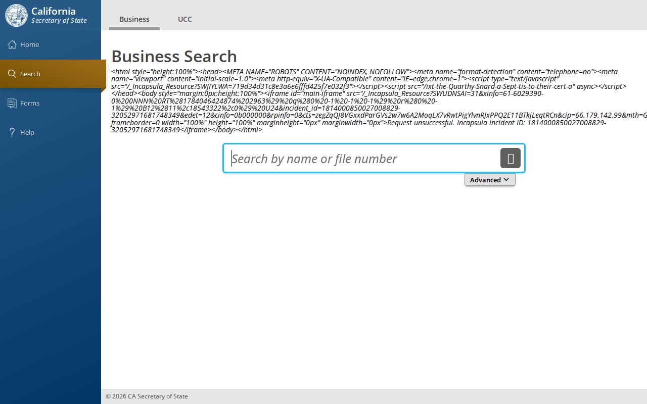 San Diego County public records through California bizfile Business Search